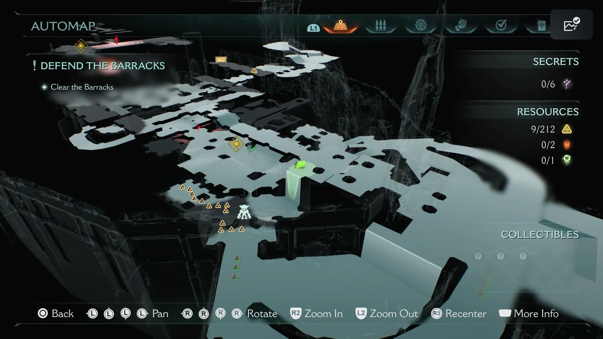 Đồ chơi Hell Knight trong chương Sentinel Barracks, sau bức tường gỗ có biểu tượng khiên xanh