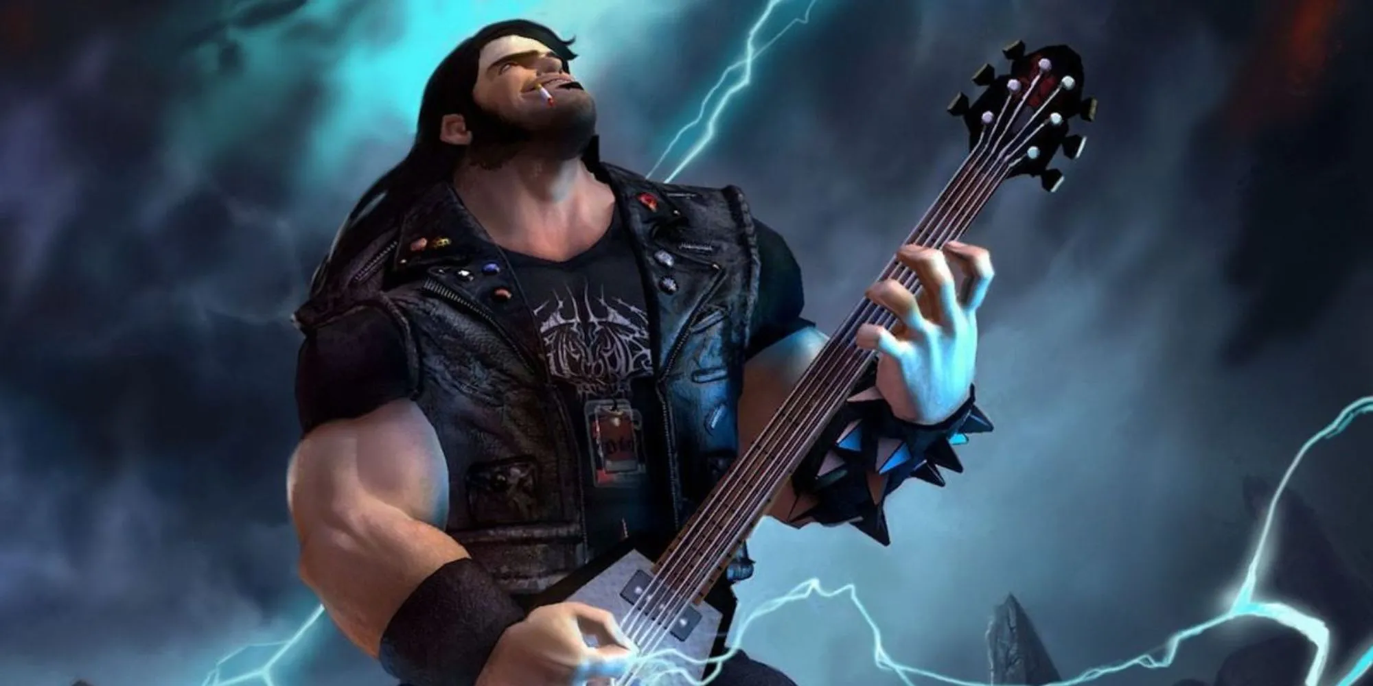 Eddy Riggs, nhân vật chính trong game Brütal Legend, đang tạo dáng với cây rìu và cây đàn guitar điện trong bối cảnh thế giới fantasy rock