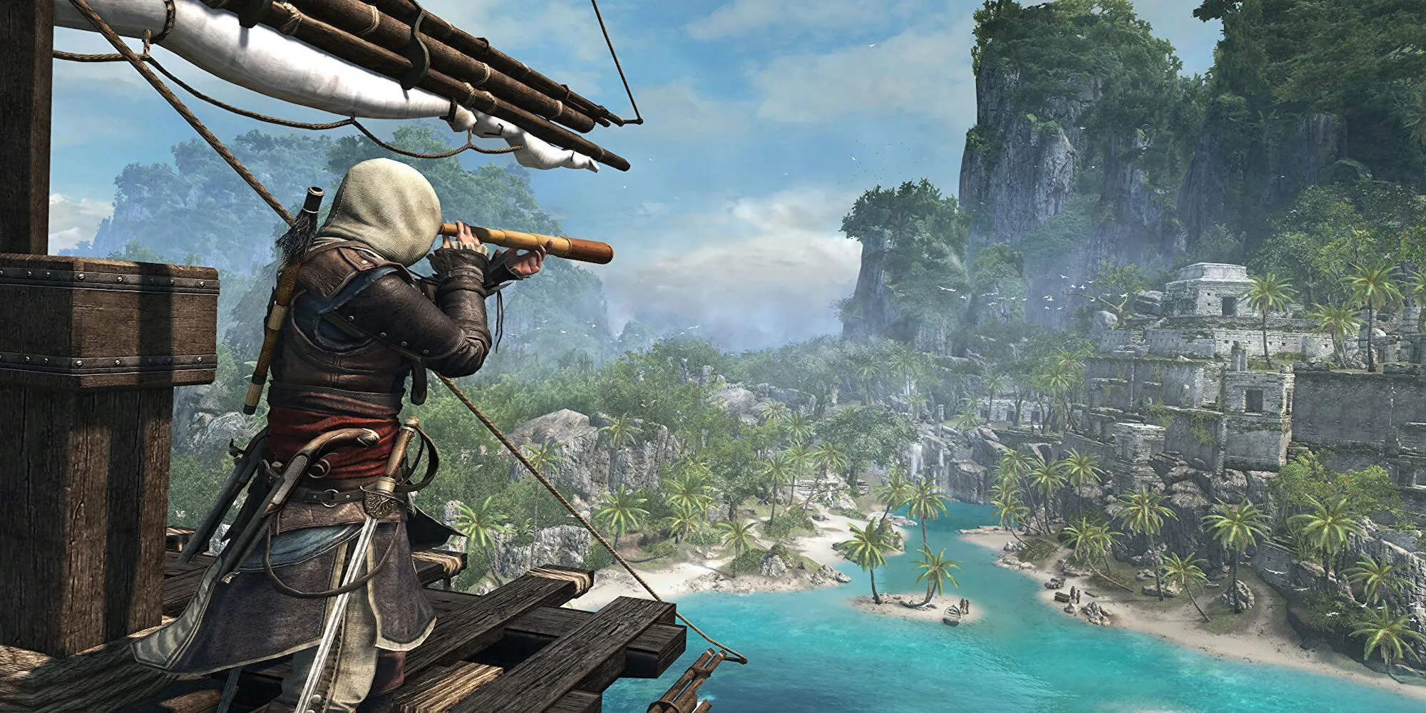 Edward Kenway nhìn ra biển từ boong tàu Jackdaw trong Assassin's Creed 4 Black Flag.