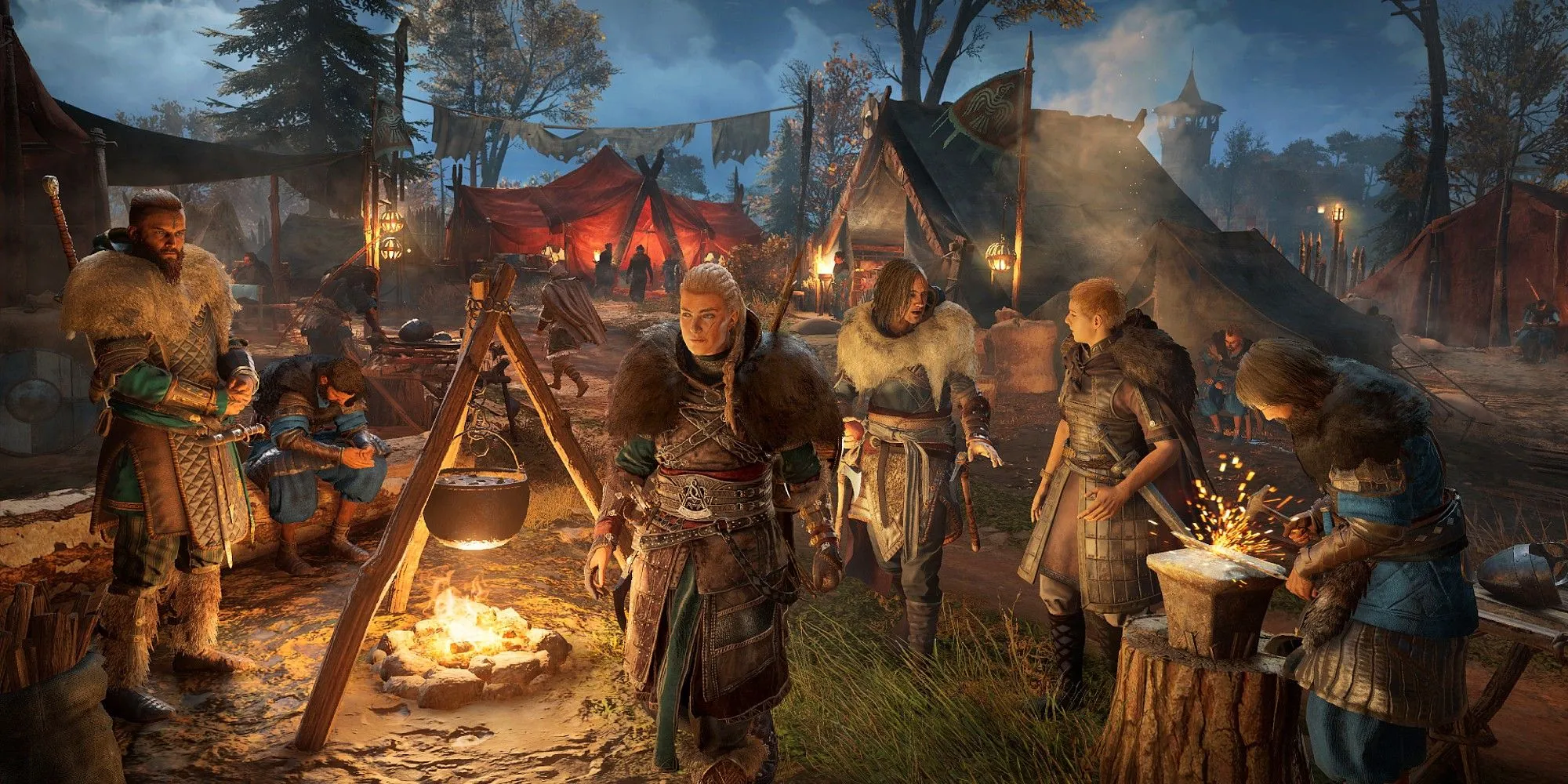 Eivor nữ đi bộ trong khu định cư Ravensthorpe của người Viking trong Assassin's Creed Valhalla.