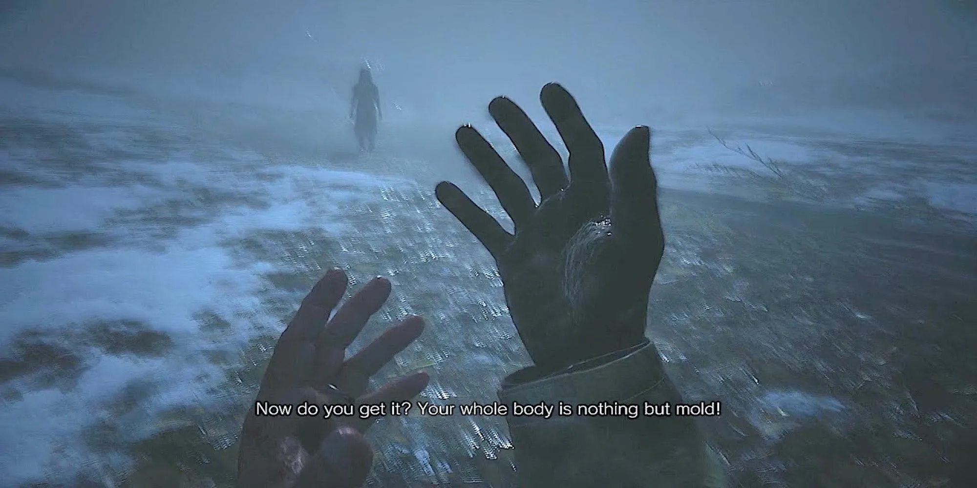 Ethan Winters nhìn vào bàn tay của mình trong Resident Evil: Village, biểu thị khả năng hồi phục phi thường