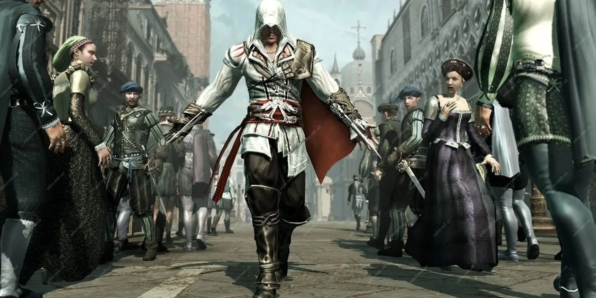 Ezio Auditore phô diễn Lưỡi Dao Ẩn trong Assassin's Creed 2.
