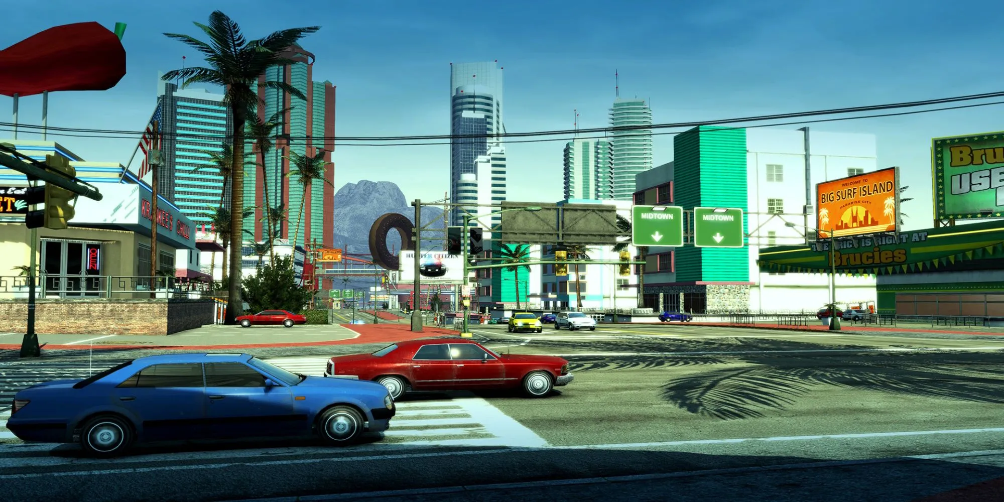 Gameplay Burnout Paradise Remastered với chiếc xe cơ bắp Mỹ màu đen lao vun vút trên đường phố