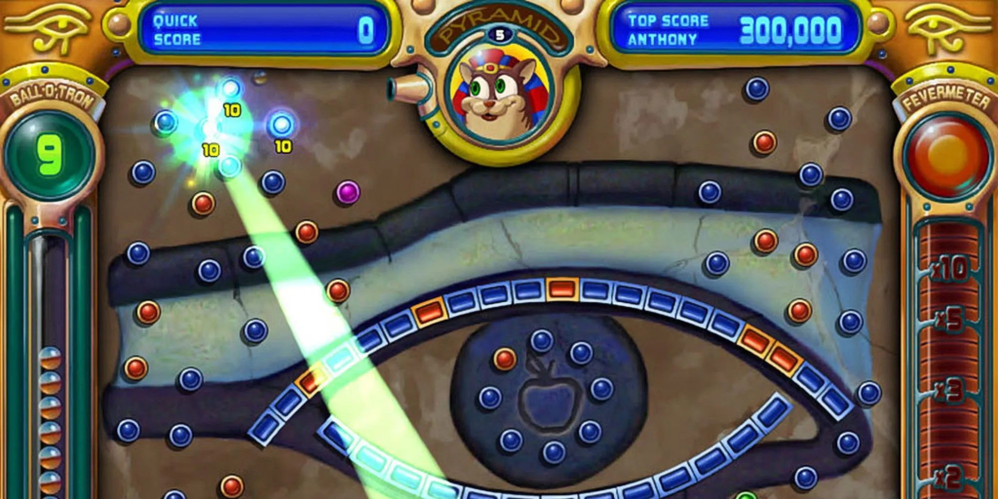Gameplay của Peggle với những viên bi đầy màu sắc và các chốt phát sáng trên màn hình