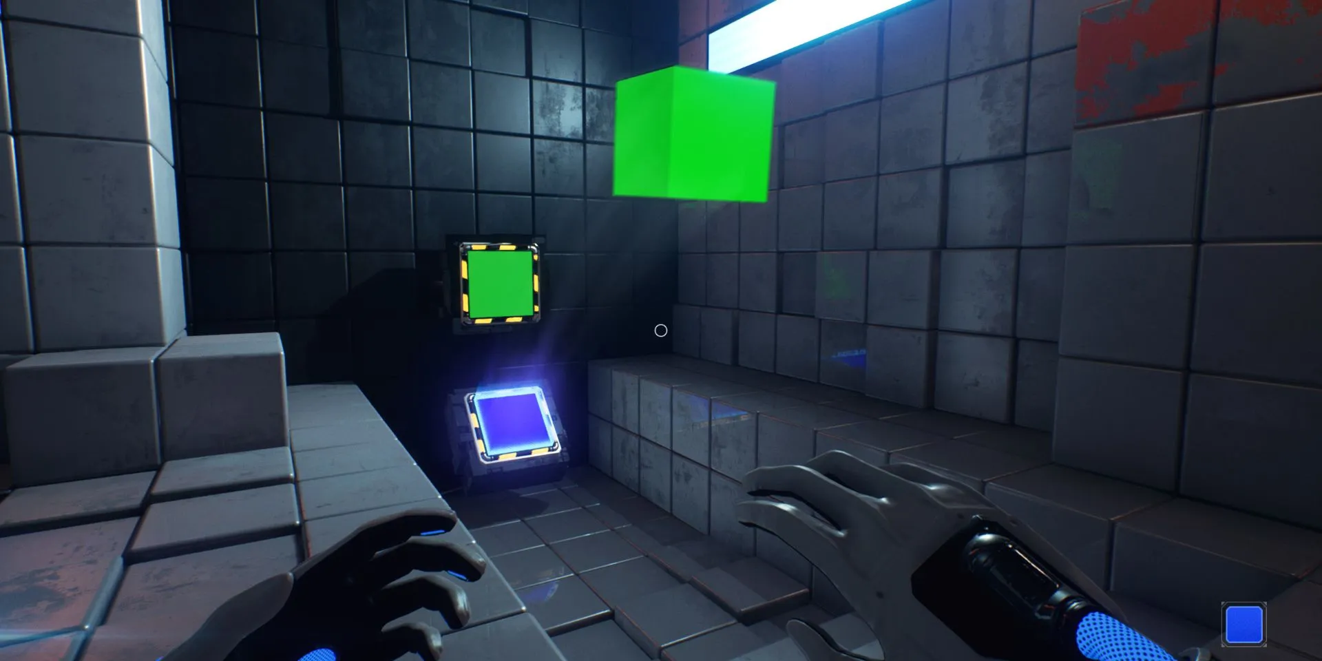 Gameplay Q.U.B.E. 2 với khối hộp được phóng đi nhờ cơ chế giải đố tương tác môi trường