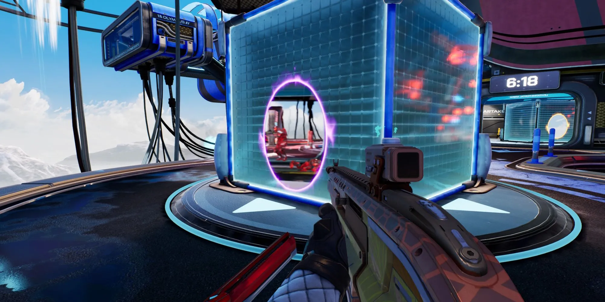 Gameplay Splitgate với người chơi sử dụng cổng không gian để tạo lợi thế chiến thuật