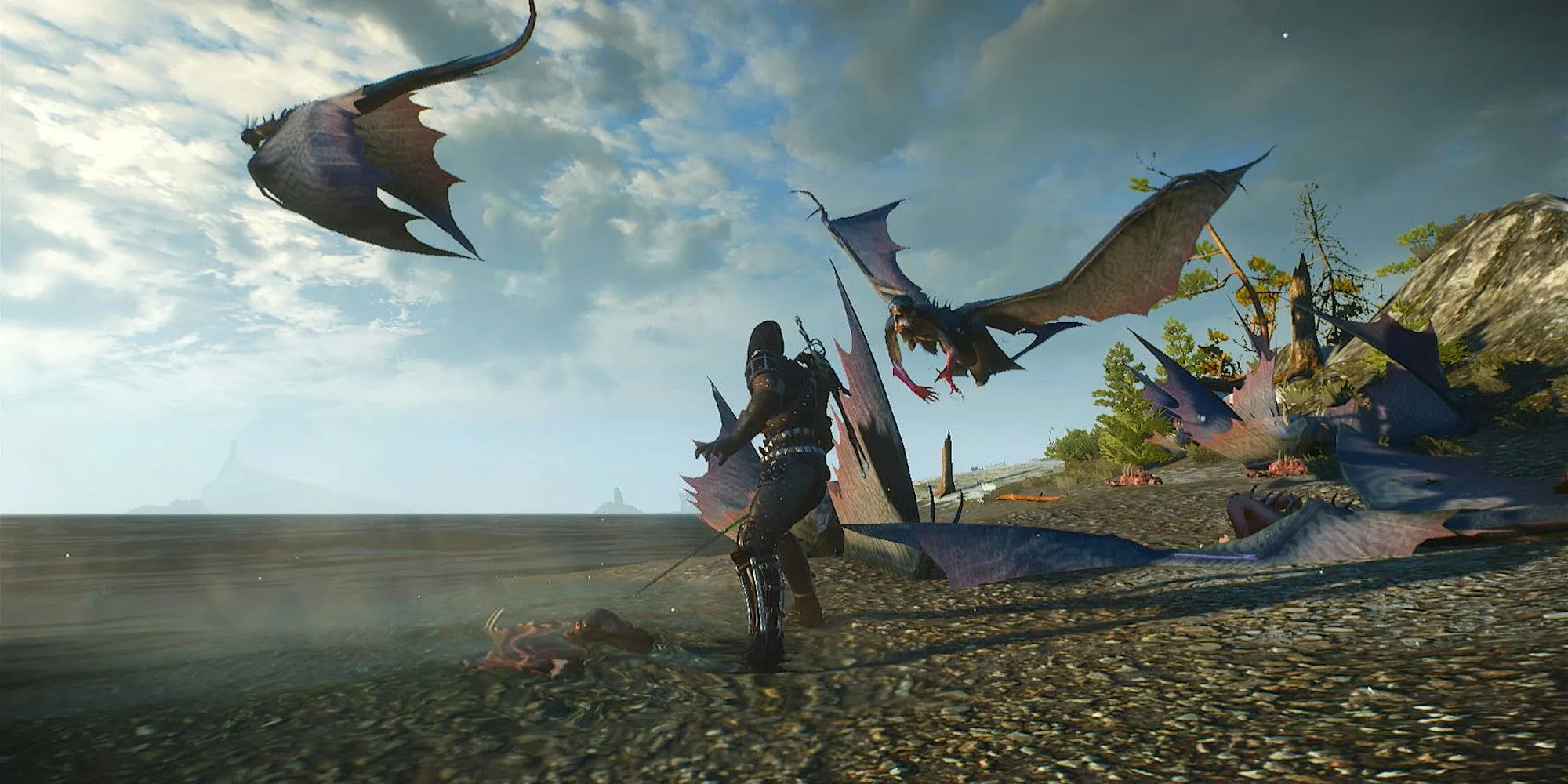Geralt chiến đấu với Harpies tại vùng Skellige trong The Witcher 3 khi tắt HUD
