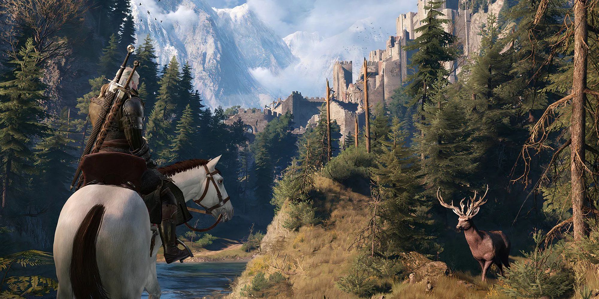 Geralt cưỡi ngựa đi giữa đường phố trong The Witcher 3 Wild Hunt