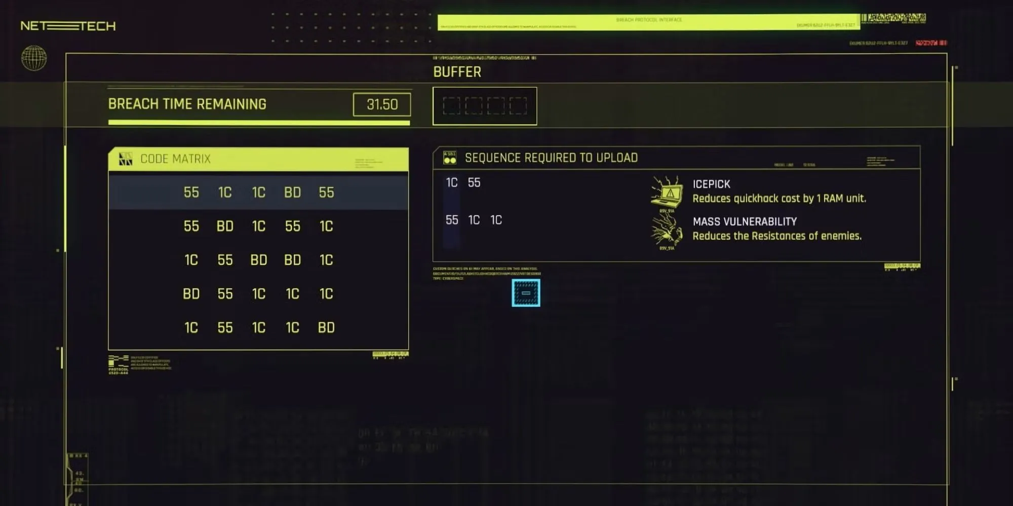 Giao diện Breach Protocol trong Cyberpunk 2077 với ma trận mã