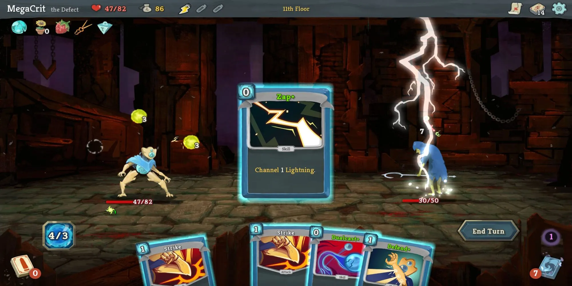 Giao diện chiến đấu dựa trên thẻ bài trong Slay the Spire, hiển thị các thẻ bài, kẻ thù và chỉ số nhân vật.