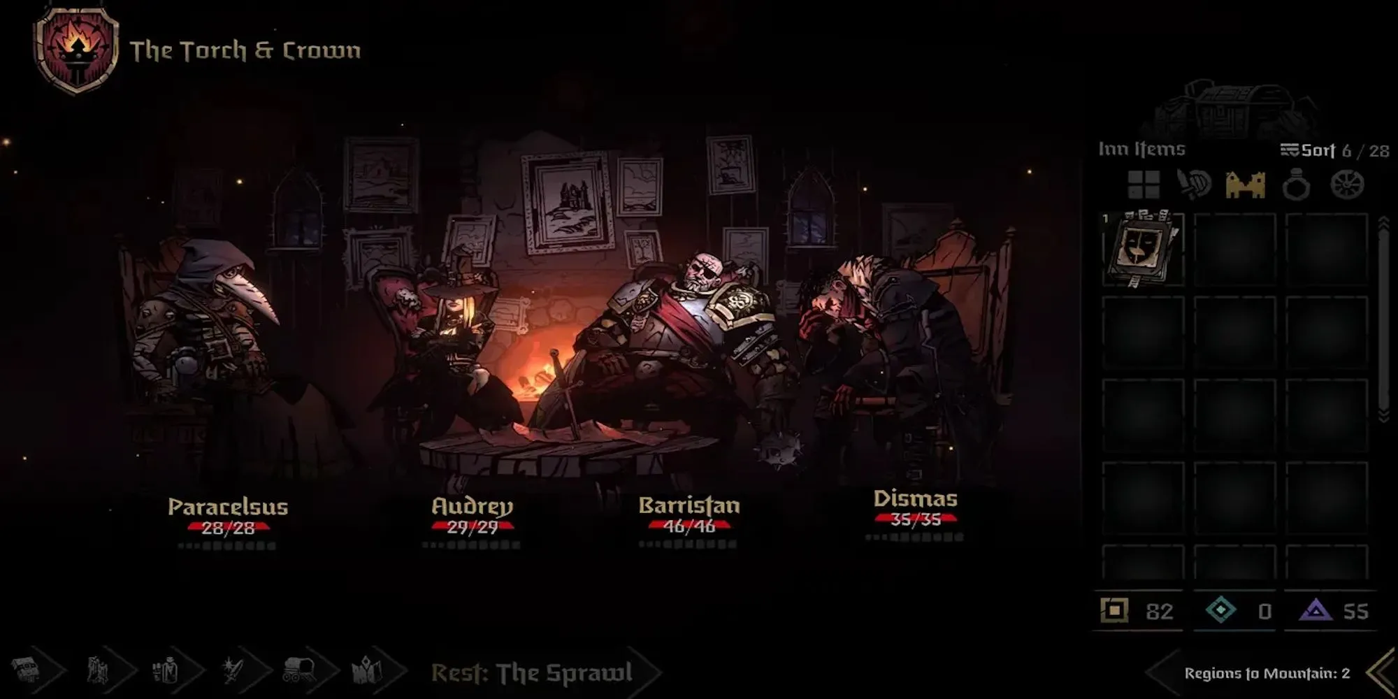 Giao diện chiến đấu theo lượt trong Darkest Dungeon, hiển thị các nhân vật và kẻ thù theo phong cách đồ họa tối tăm và khắc nghiệt.