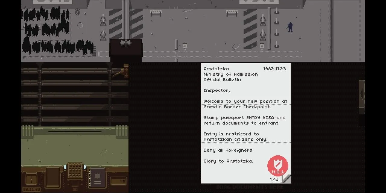 Giao diện game Papers, Please, tập trung vào công việc kiểm tra hộ chiếu tại cửa khẩu Arstotzka.