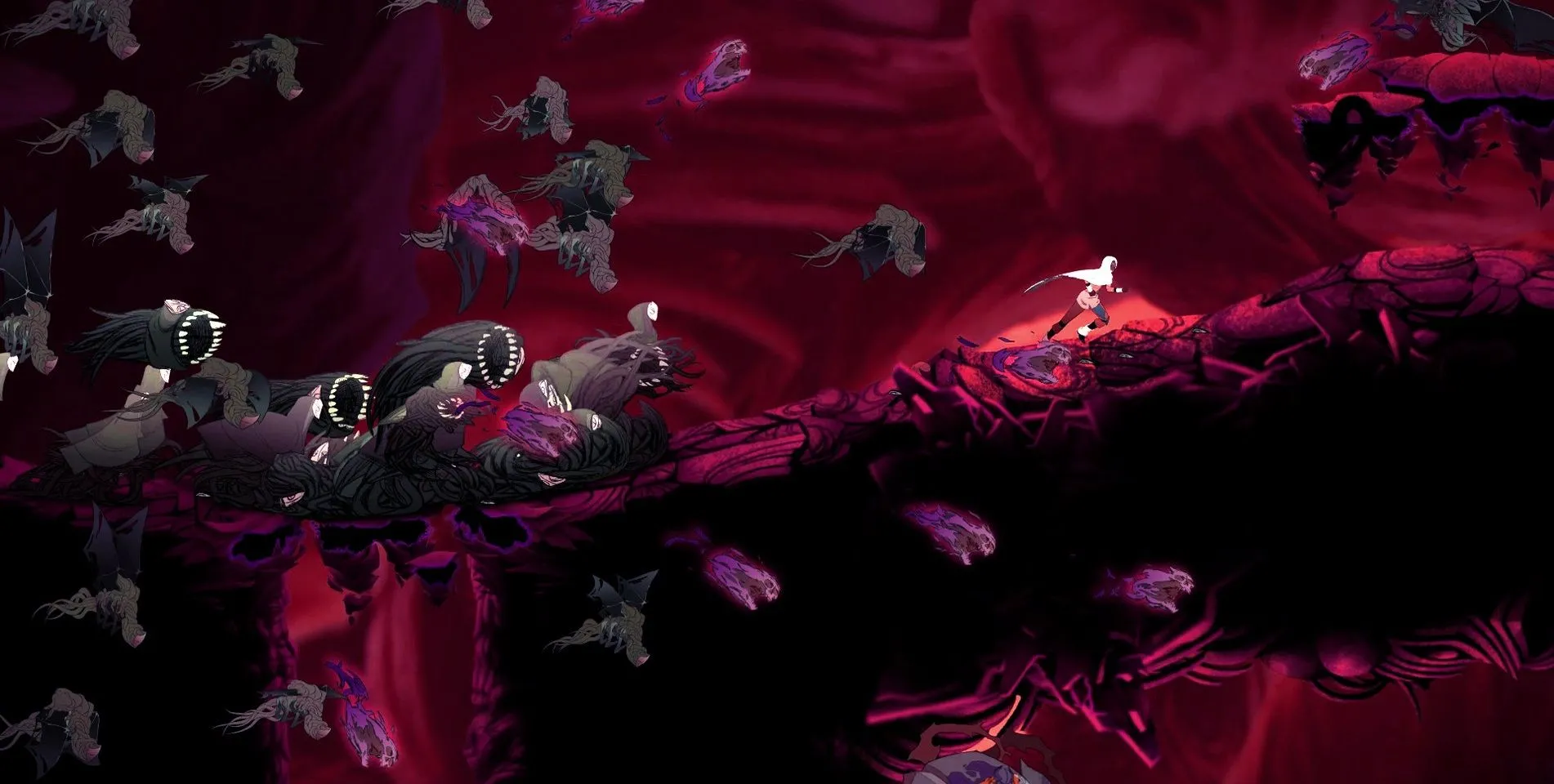 Giao diện game Sundered, thể hiện lối chơi Metroidvania và các thực thể siêu nhiên.