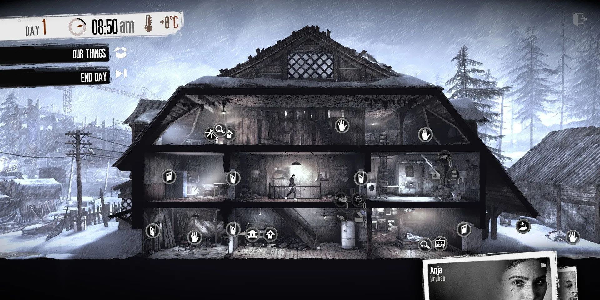 Giao diện game This War of Mine, mô tả cuộc sống khắc nghiệt của những người dân thường trong chiến tranh.