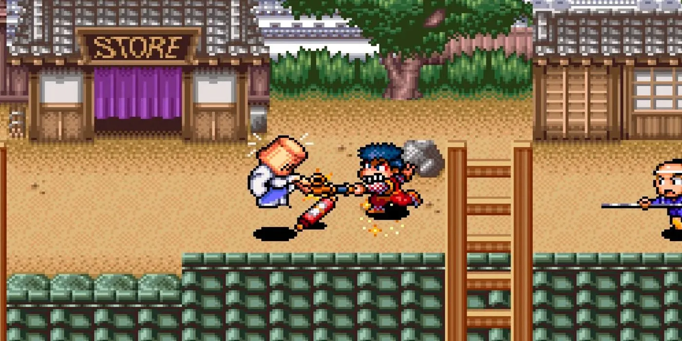 Giao diện gameplay hỗn hợp hành động và RPG của The Legend of the Mystical Ninja trên SNES
