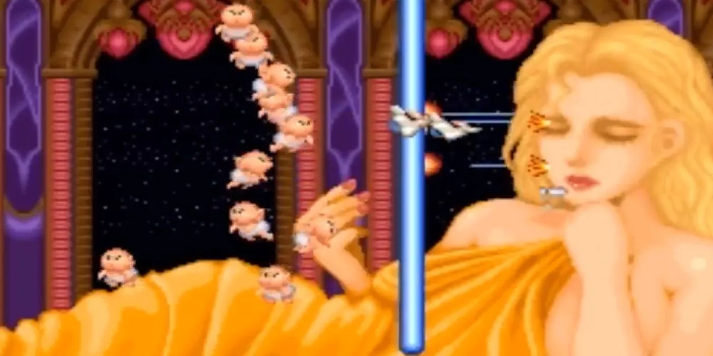 Giao diện gameplay kỳ quái với tàu bay chiến đấu giữa các sinh vật lạ trong game bắn súng Parodius trên SNES