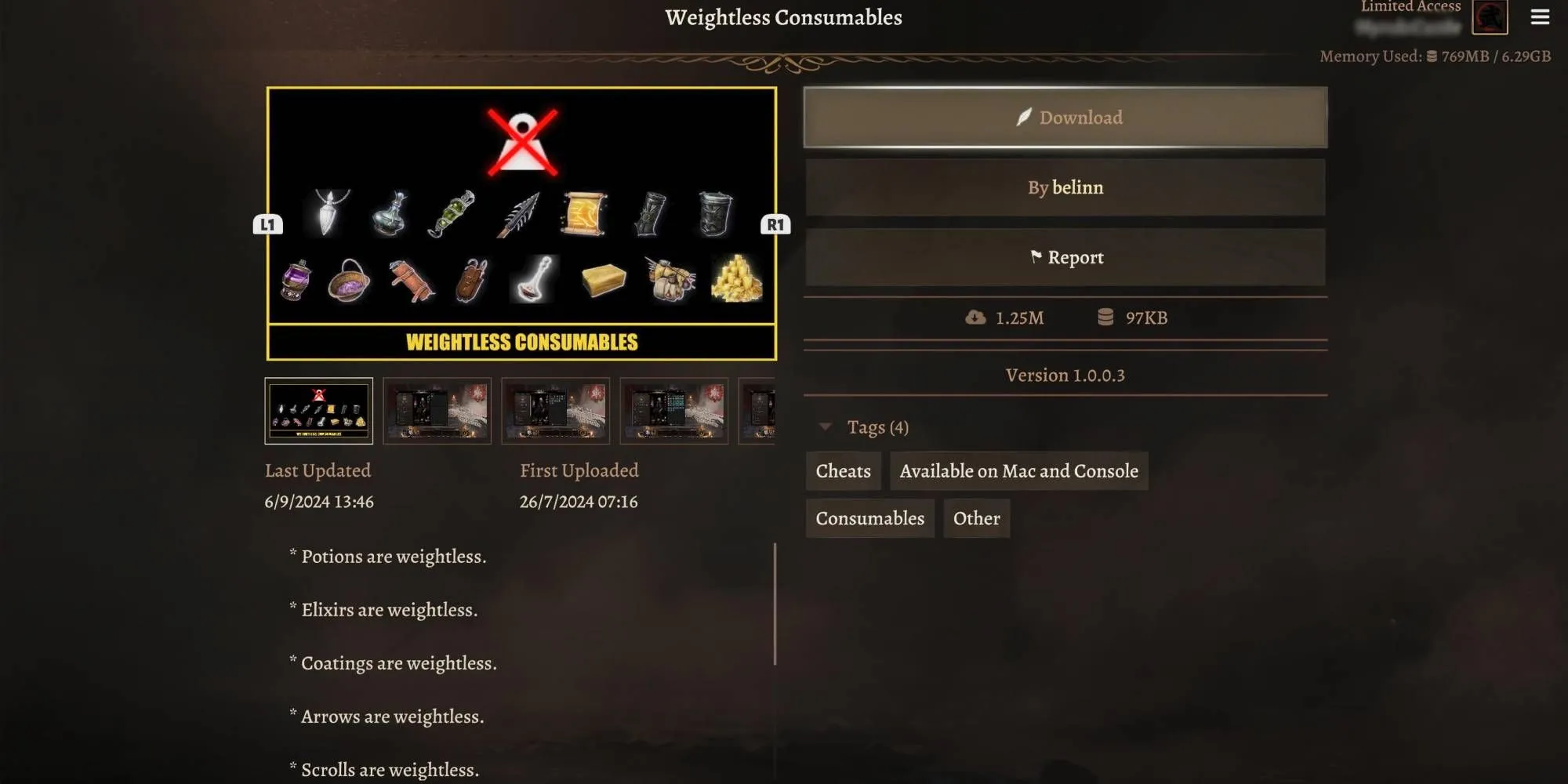 Giao diện hành trang (inventory) trong Baldur's Gate 3 hiển thị các vật phẩm tiêu hao không có trọng lượng khi dùng mod Weightless Consumables