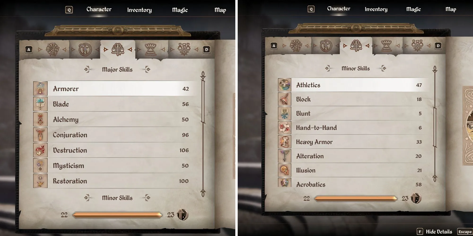 Giao diện hiển thị các Kỹ năng Chính (Major Skills) trong Oblivion Remastered