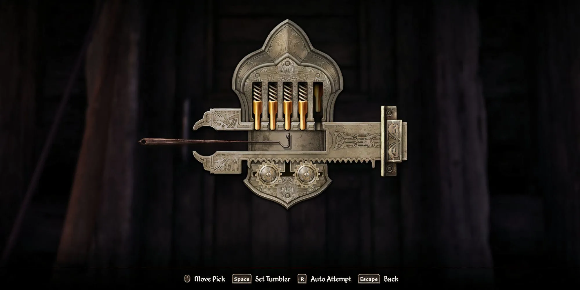 Giao diện mở khóa (lockpicking) cấp độ khó trong Oblivion Remastered, kỹ năng cần thiết khi thu thập đồ vật