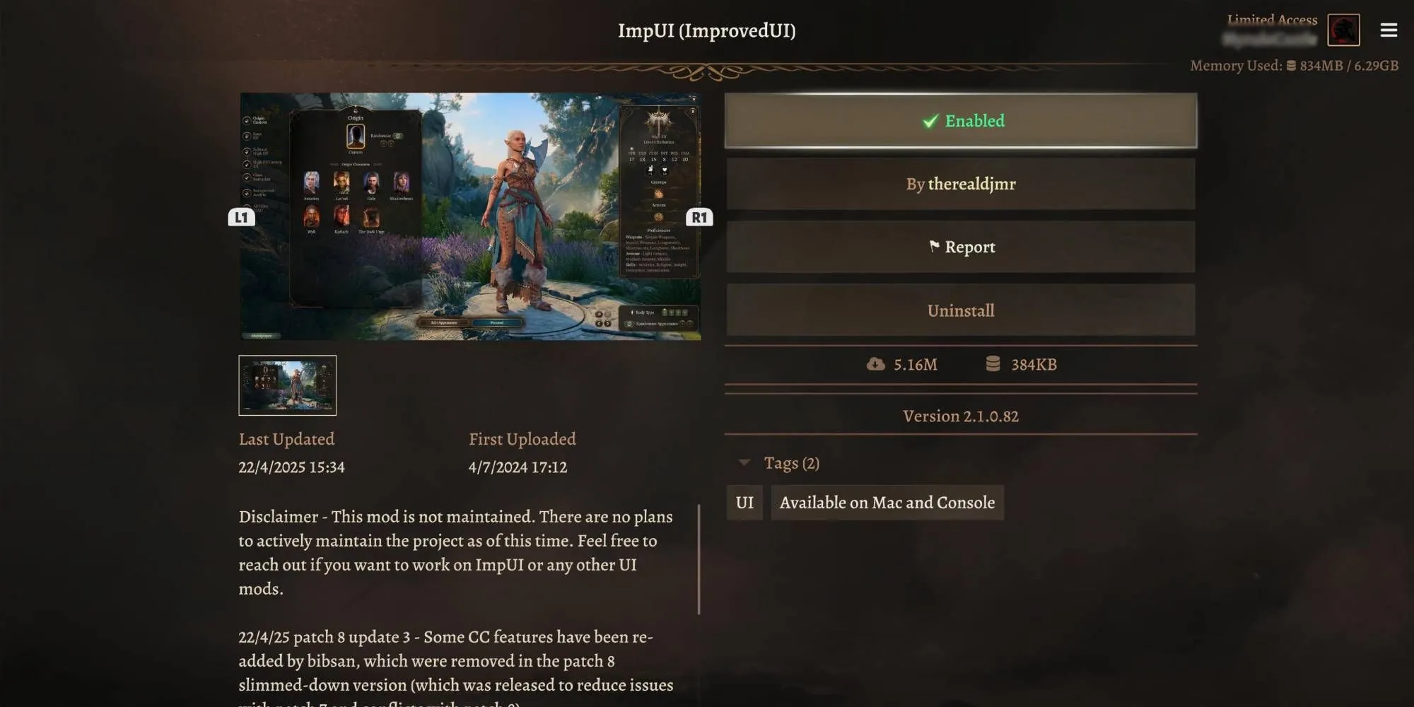Giao diện người dùng (UI) được cải thiện trong Baldur's Gate 3 nhờ cài đặt mod Improved UI