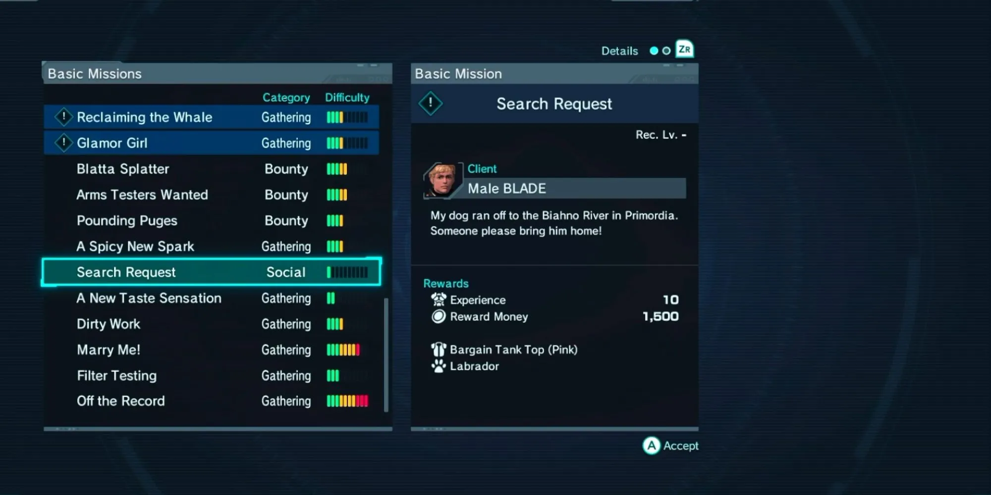Giao diện nhận Basic Mission trên máy tính trong BLADE Barracks của Xenoblade Chronicles X