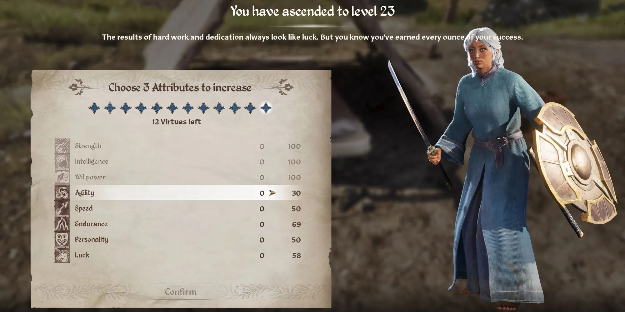 Giao diện phân bổ Điểm Thuộc Tính (Attributes) sau khi lên cấp, hay còn gọi là màn hình Virtues trong Oblivion Remastered