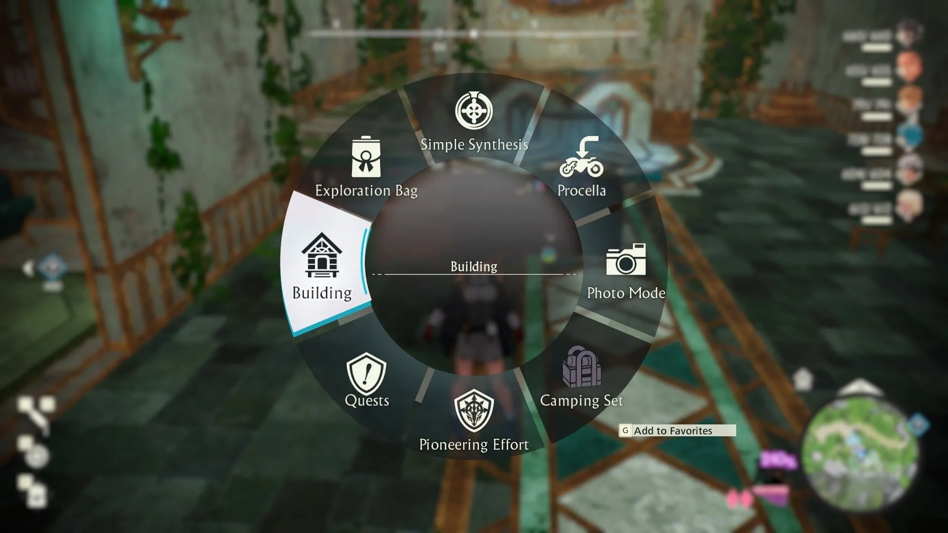 Giao diện radial menu trong Atelier Yumia hiển thị tùy chọn mở menu xây dựng căn cứ.