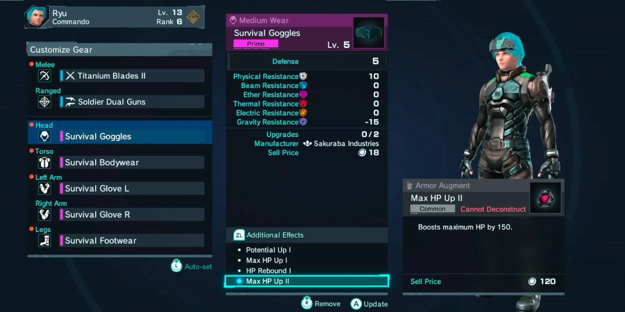 Giao diện trang bị Augment cho nhân vật trong Xenoblade Chronicles X
