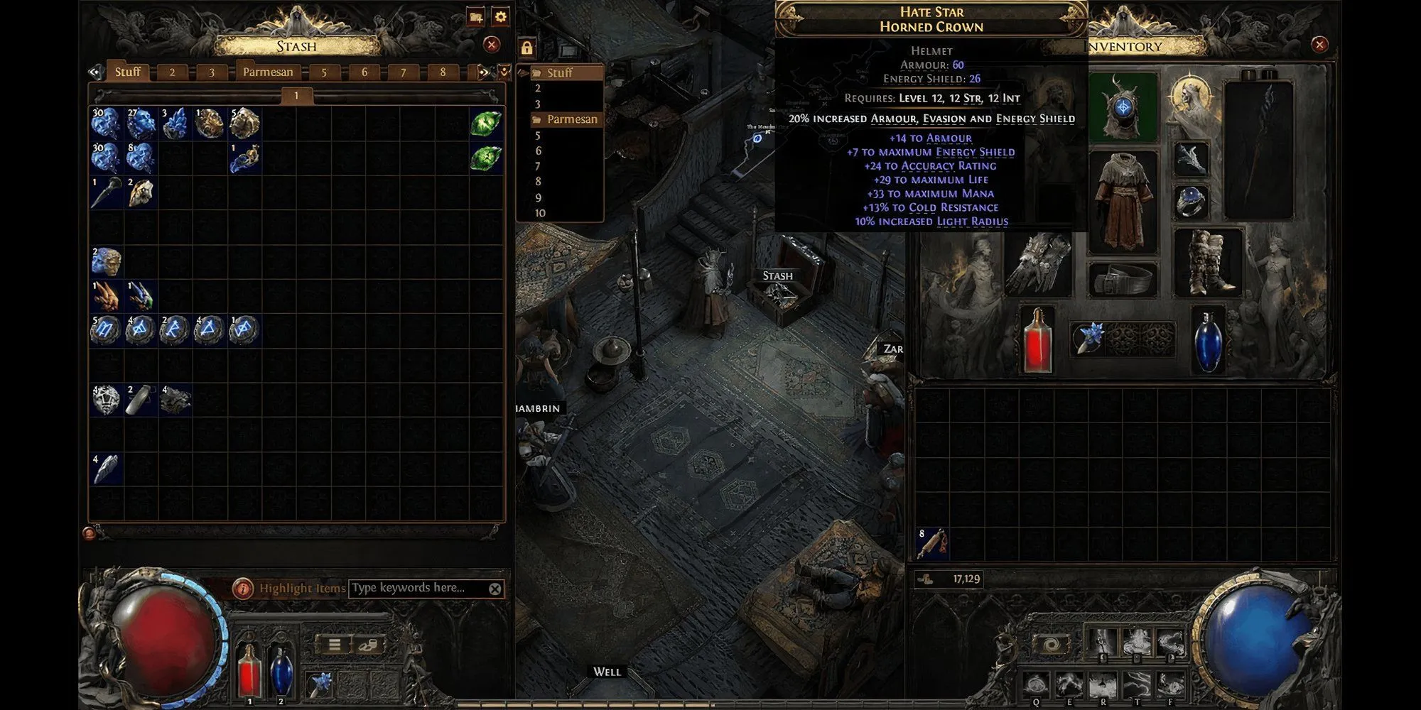 Giao diện túi đồ nhân vật trong Path of Exile 2