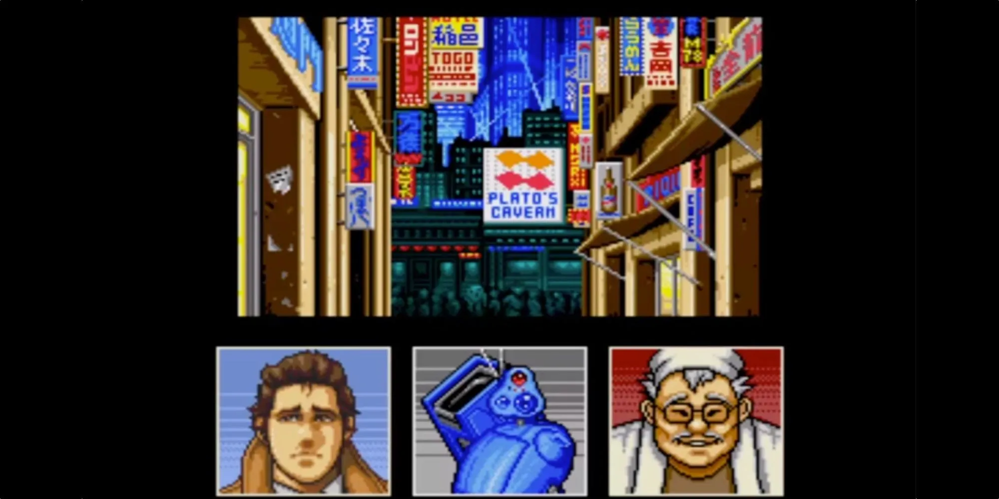 Gillian Seed và robot phụ tá trong game Snatcher giữa đường phố Neo Kobe