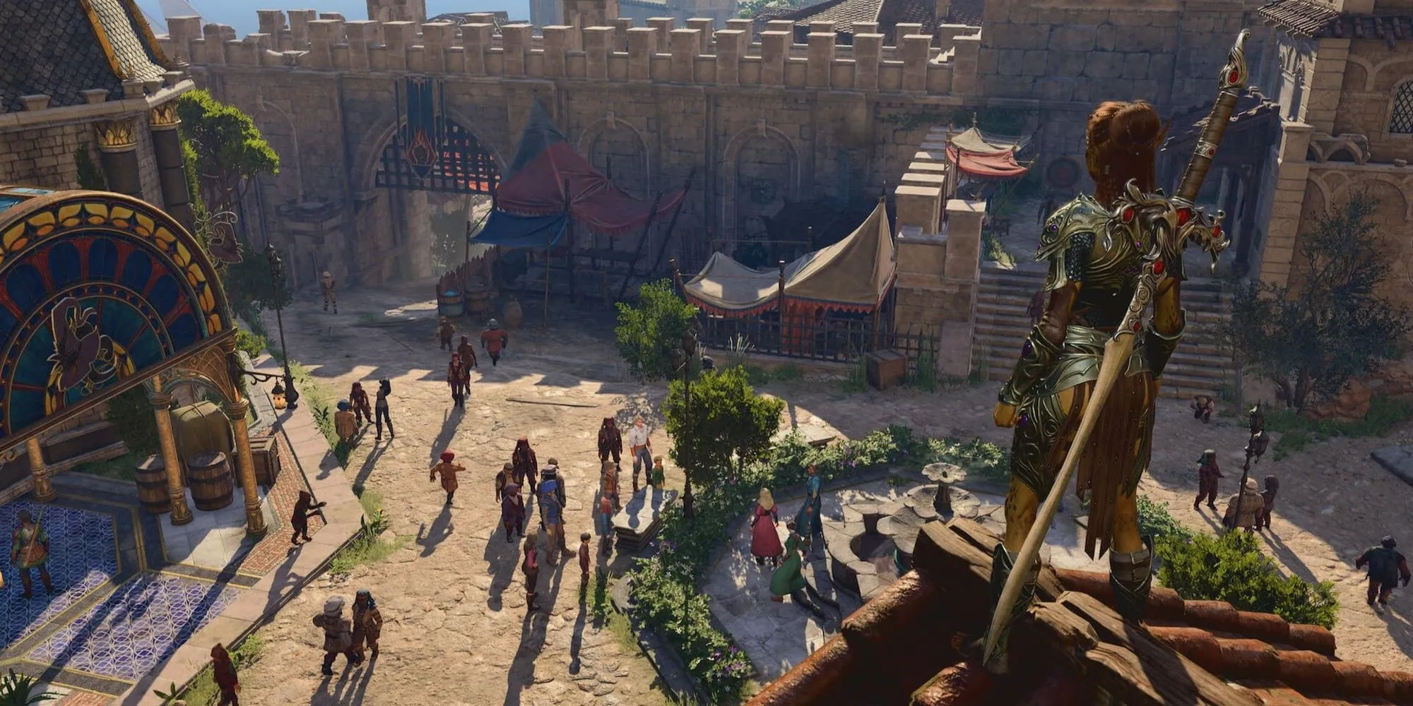 Góc nhìn bao quát thành phố trong Baldur's Gate 3, game RPG nổi tiếng với hệ thống móc túi và trộm đồ chi tiết.