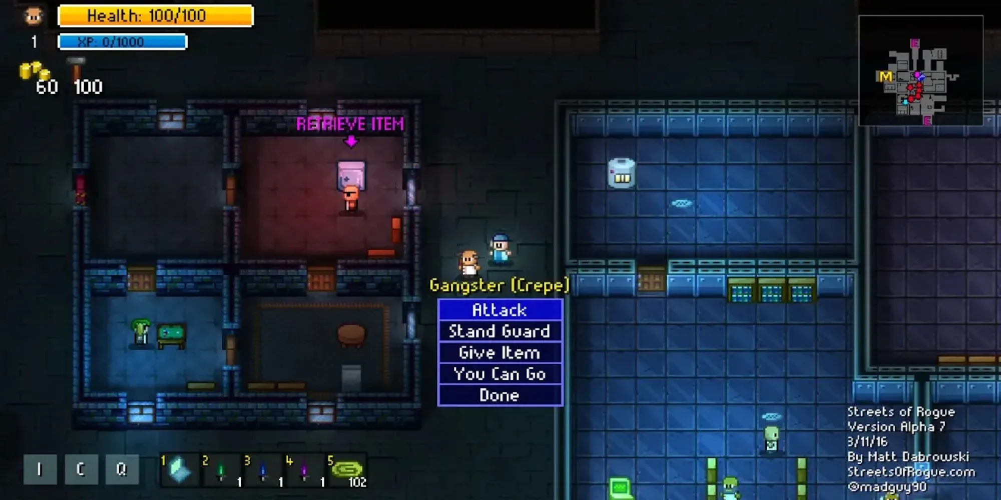 Góc nhìn từ trên xuống trong Streets of Rogue hiển thị nhân vật di chuyển trong môi trường đô thị pixel art.