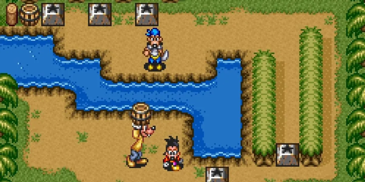 Goofy mang thùng đồ vật để giải đố trong game phiêu lưu Goof Troop trên SNES, thiết kế bởi Shinji Mikami