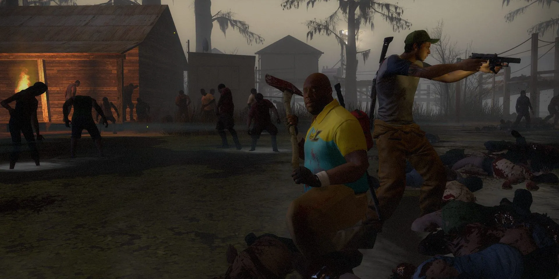 Hai nhân vật Coach và Ellis trong game Left 4 Dead 2 đang chiến đấu với zombie