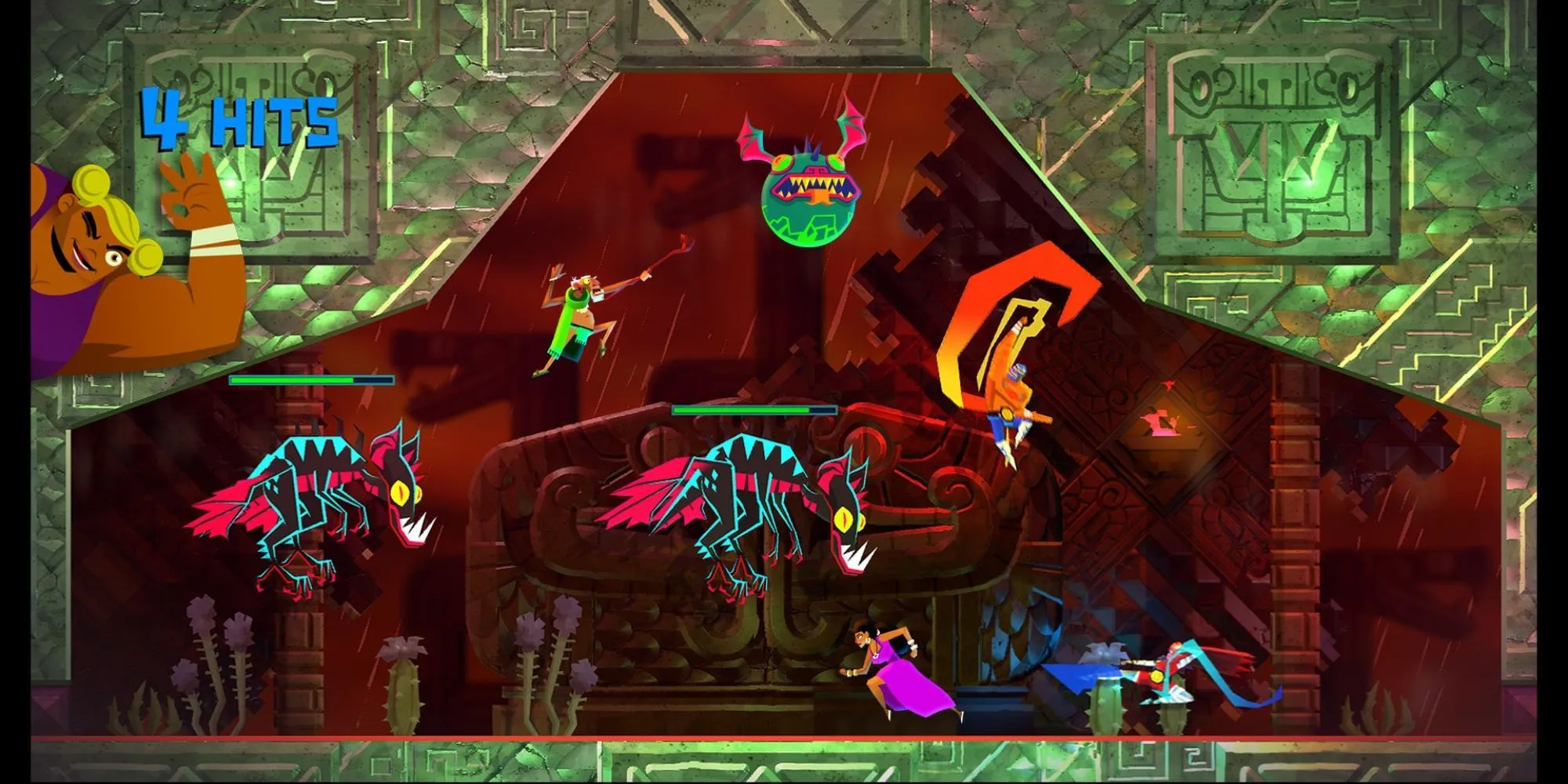 Hai nhân vật đang chiến đấu trong chế độ co-op của Guacamelee 2