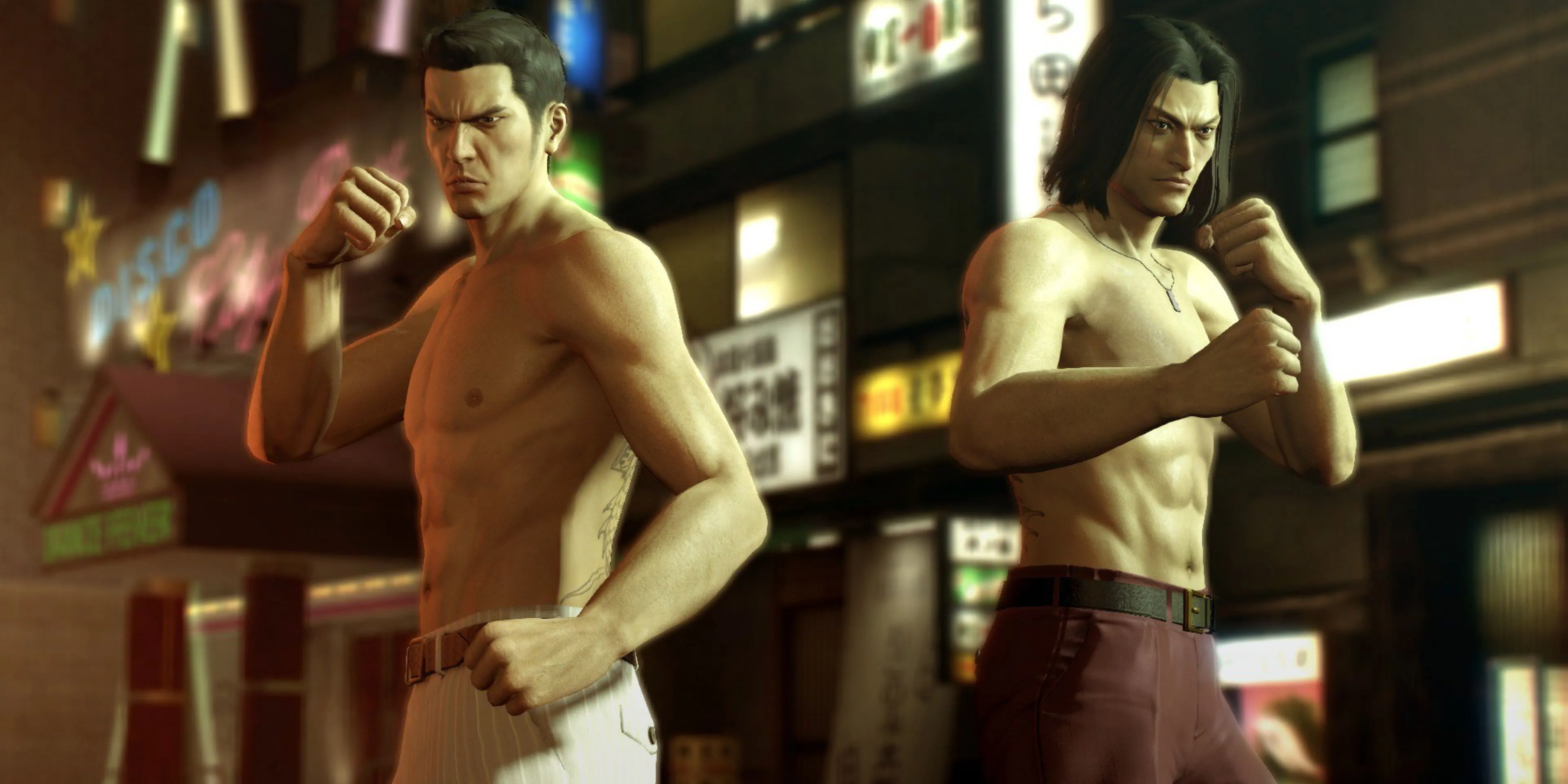 Hai nhân vật Kazuma Kiryu và Akira Nishikiyama trong Yakuza 0.