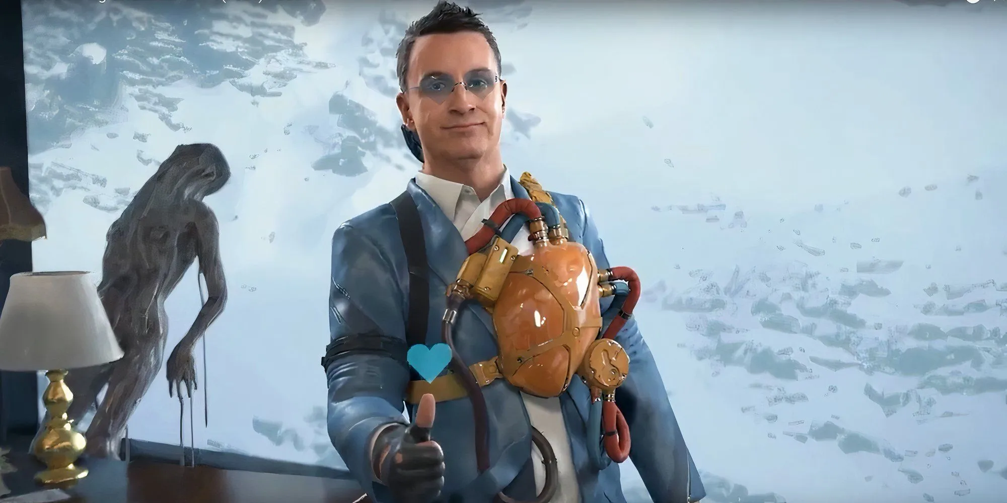 Heartman trong Death Stranding 2 đeo kính hình trái tim, biểu tượng của anh ấy.