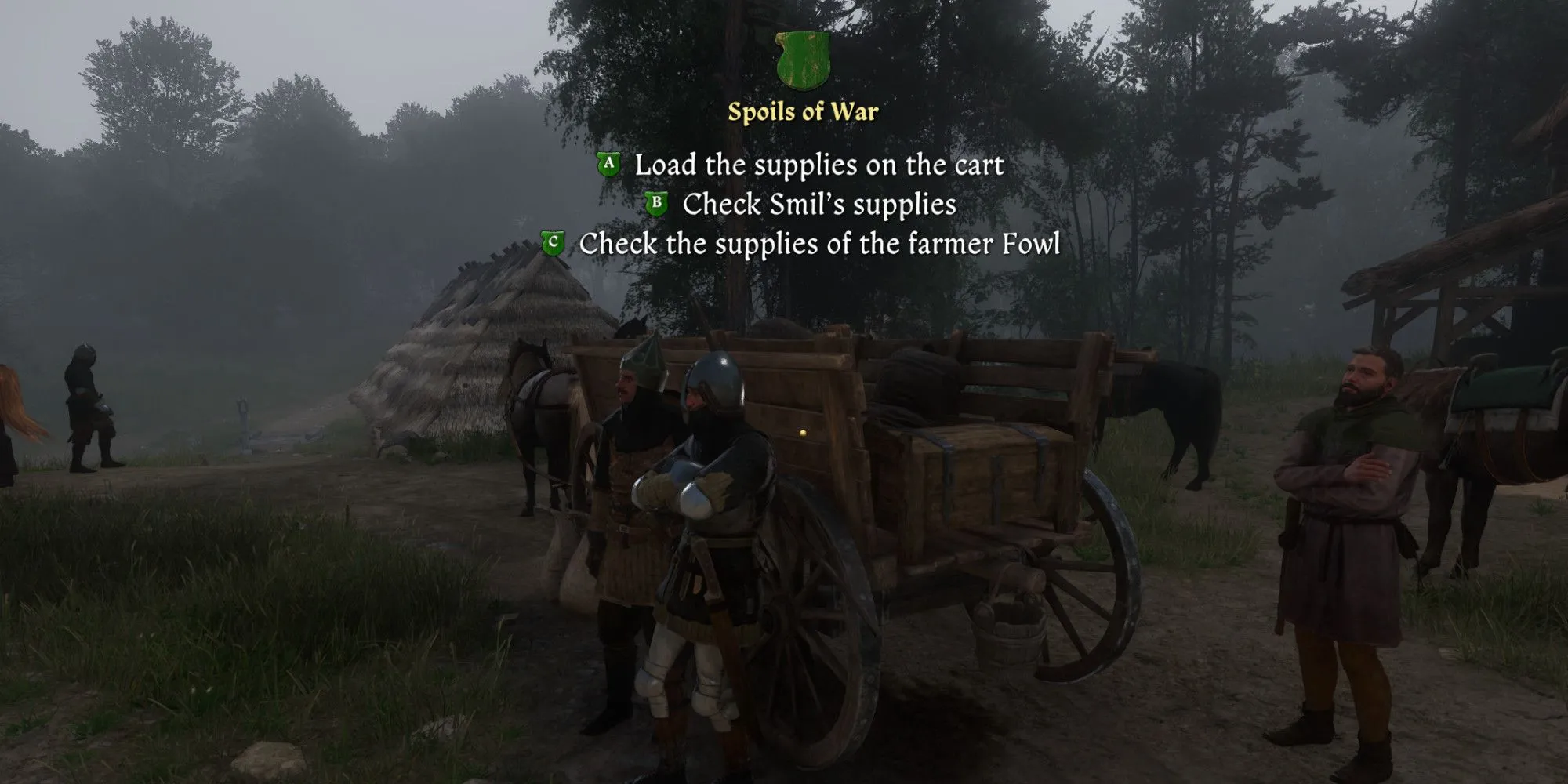 Henry đứng trước xe hàng để chứa đồ cướp bóc trong nhiệm vụ Spoils of War game KCD2