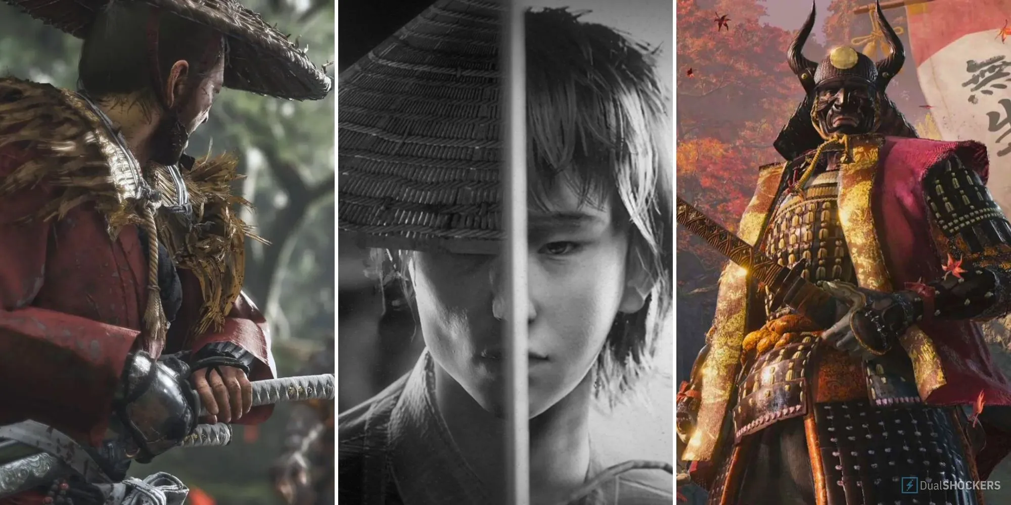 Hình ảnh các nhân vật chính từ Ghost of Tsushima, Trek to Yomi và Sekiro Shadows Die Twice trong bối cảnh Nhật Bản phong kiến.