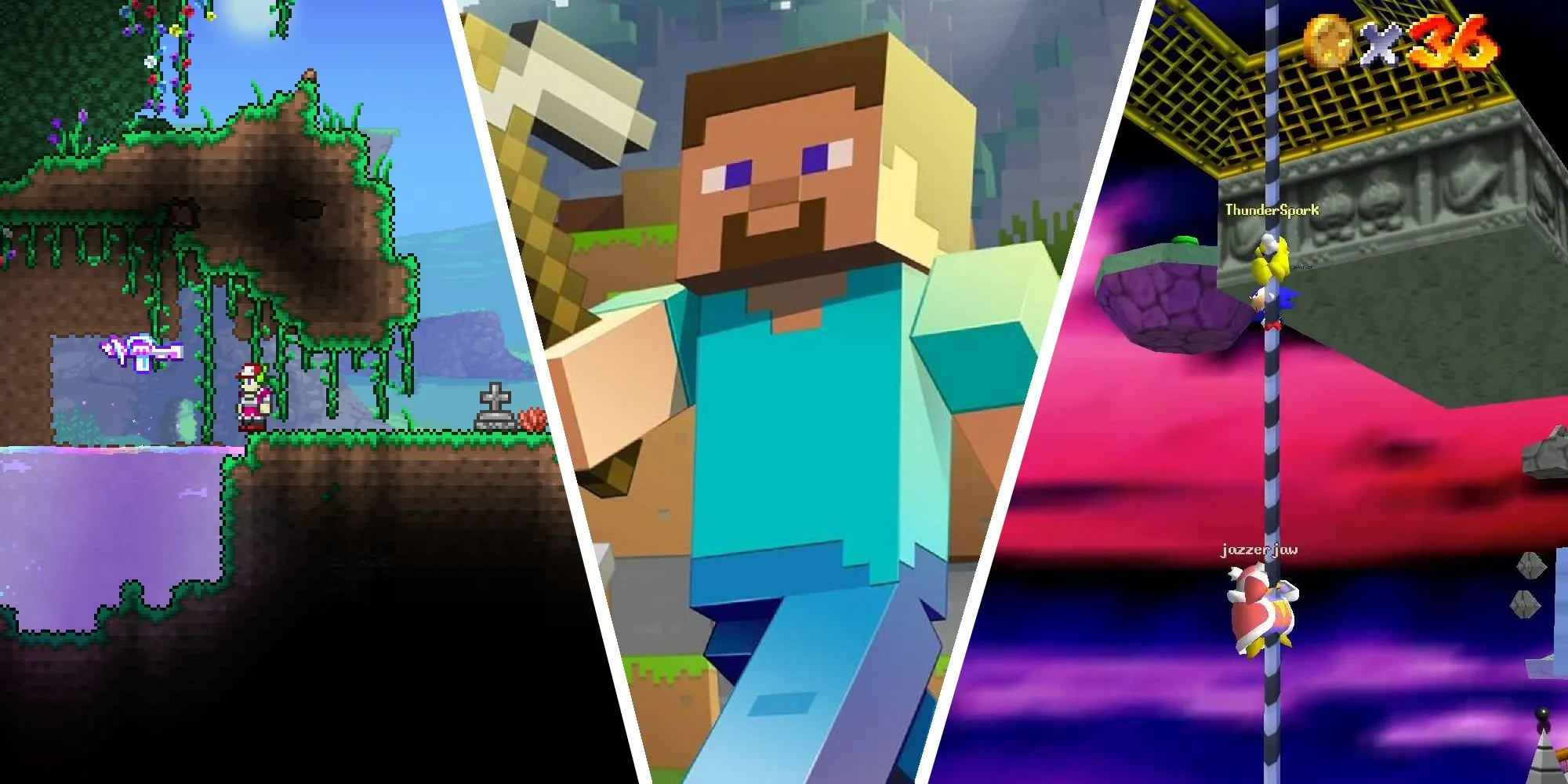 Hình ảnh đại diện cho các game co-op drop-in/drop-out hay nhất, bao gồm Terraria, Minecraft và Mario 64 Co-op DX