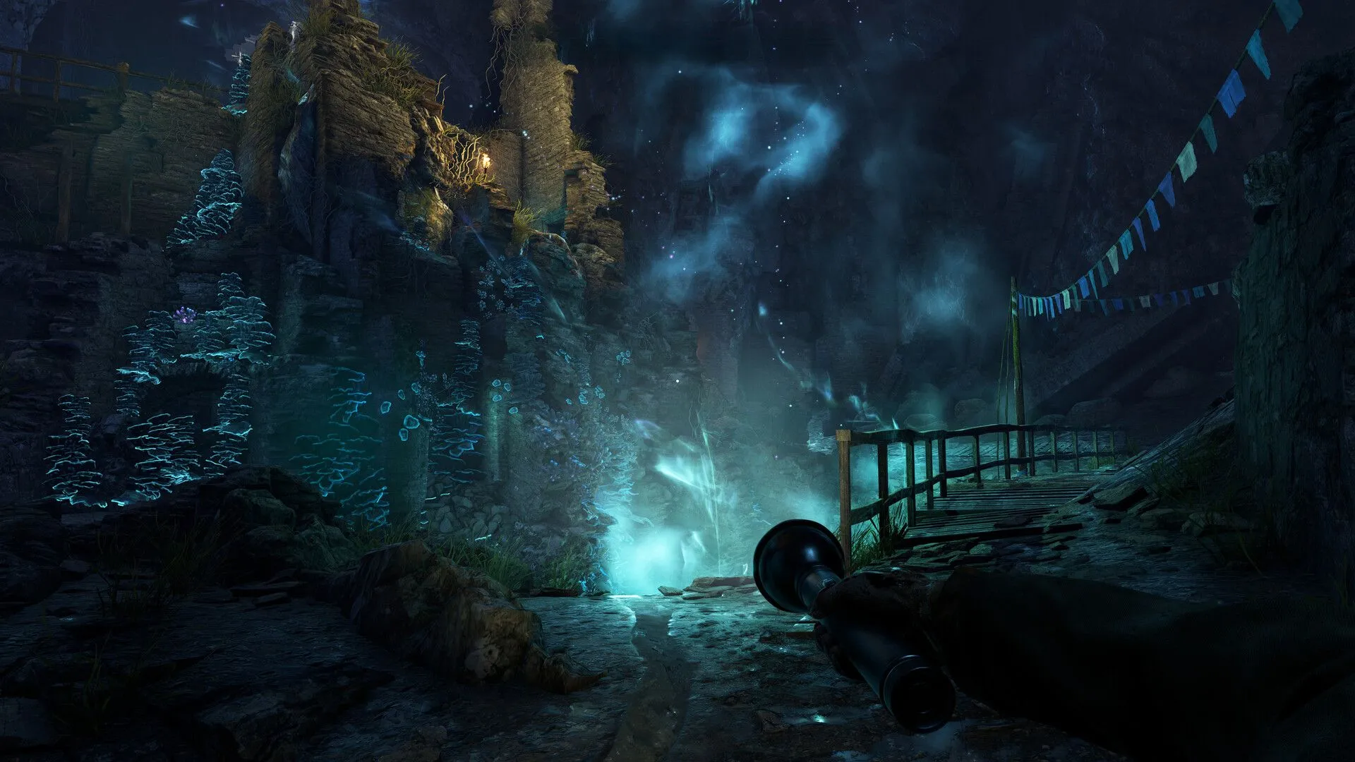 Hình ảnh gameplay Atomfall: Một con đường hầm ẩm thấp với ánh đèn lờ mờ