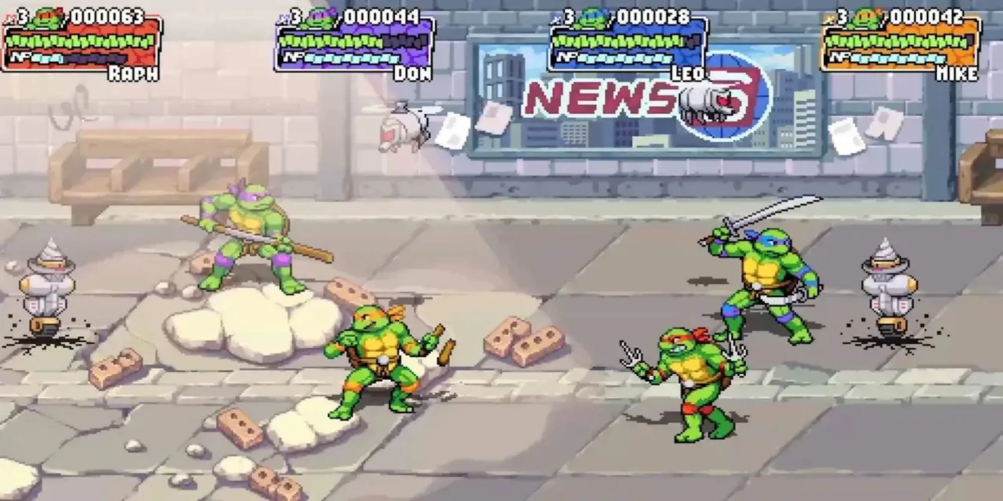 Hình ảnh gameplay game TMNT Shredder's Revenge với đồ họa pixel art