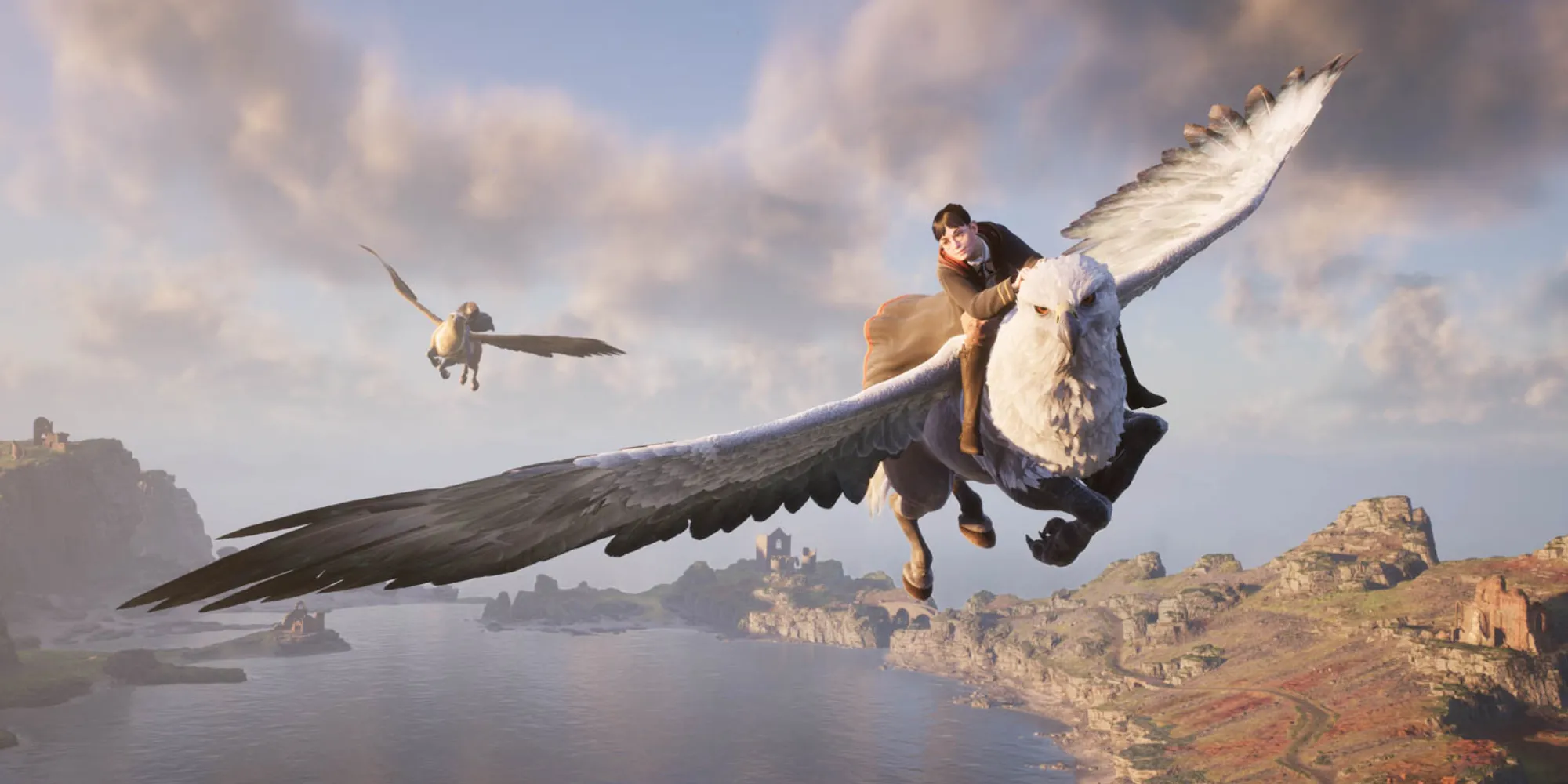 Hình ảnh học sinh Hogwarts Legacy cưỡi Bằng Mã (Hippogriff), thể hiện đồ họa trong game