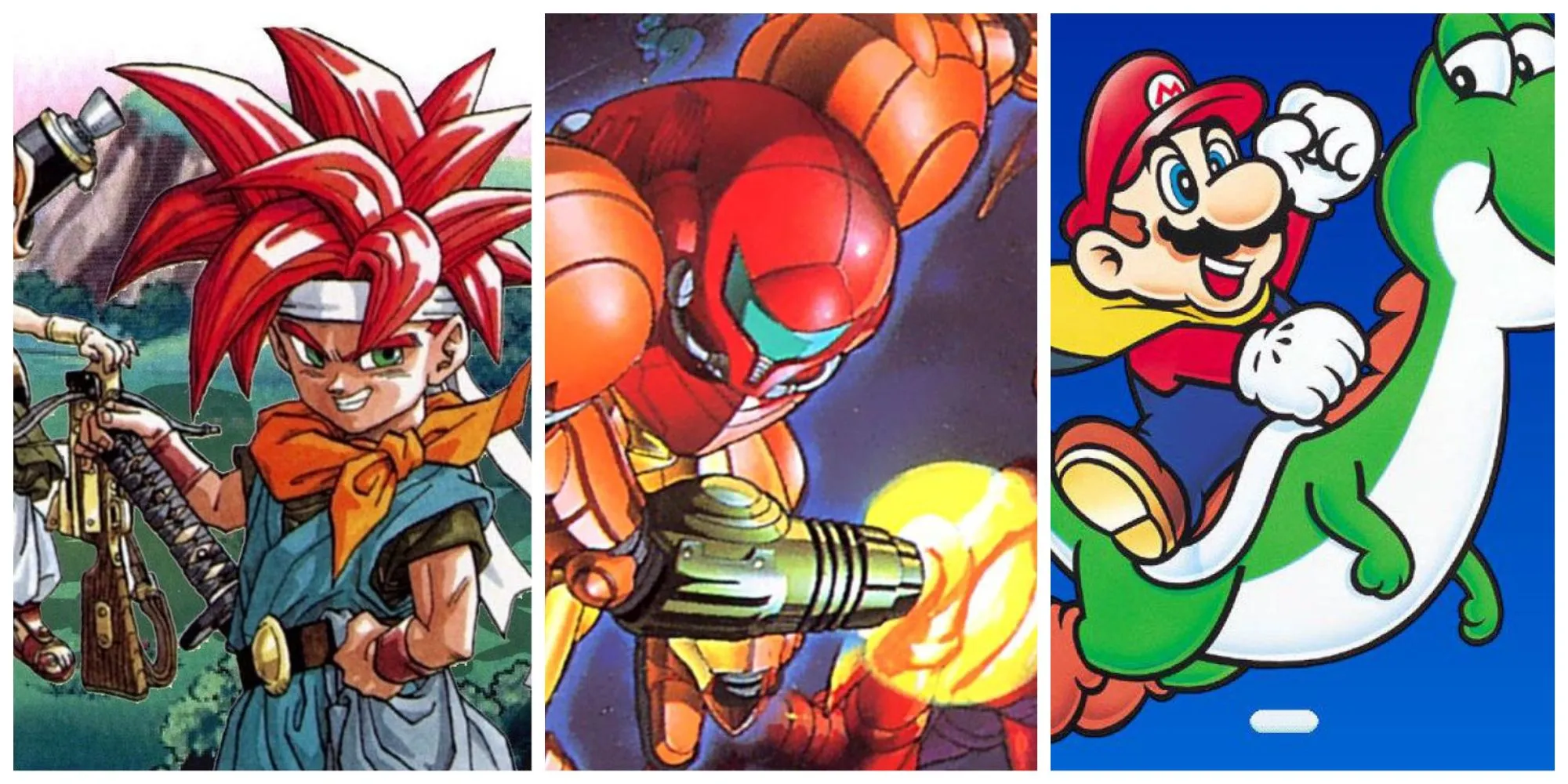 Hình ảnh minh họa 10 tựa game SNES hay nhất, bao gồm Chrono Trigger, Samus và Super Mario
