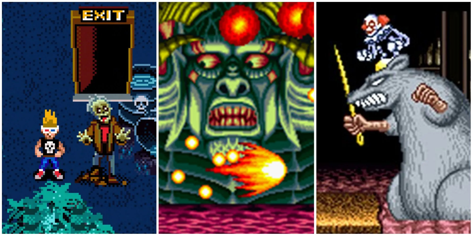 Hình ảnh minh họa ba game SNES ít được biết đến: Zombies At My Neighbor, Majyuuou và Ghost Sweeper Mikami