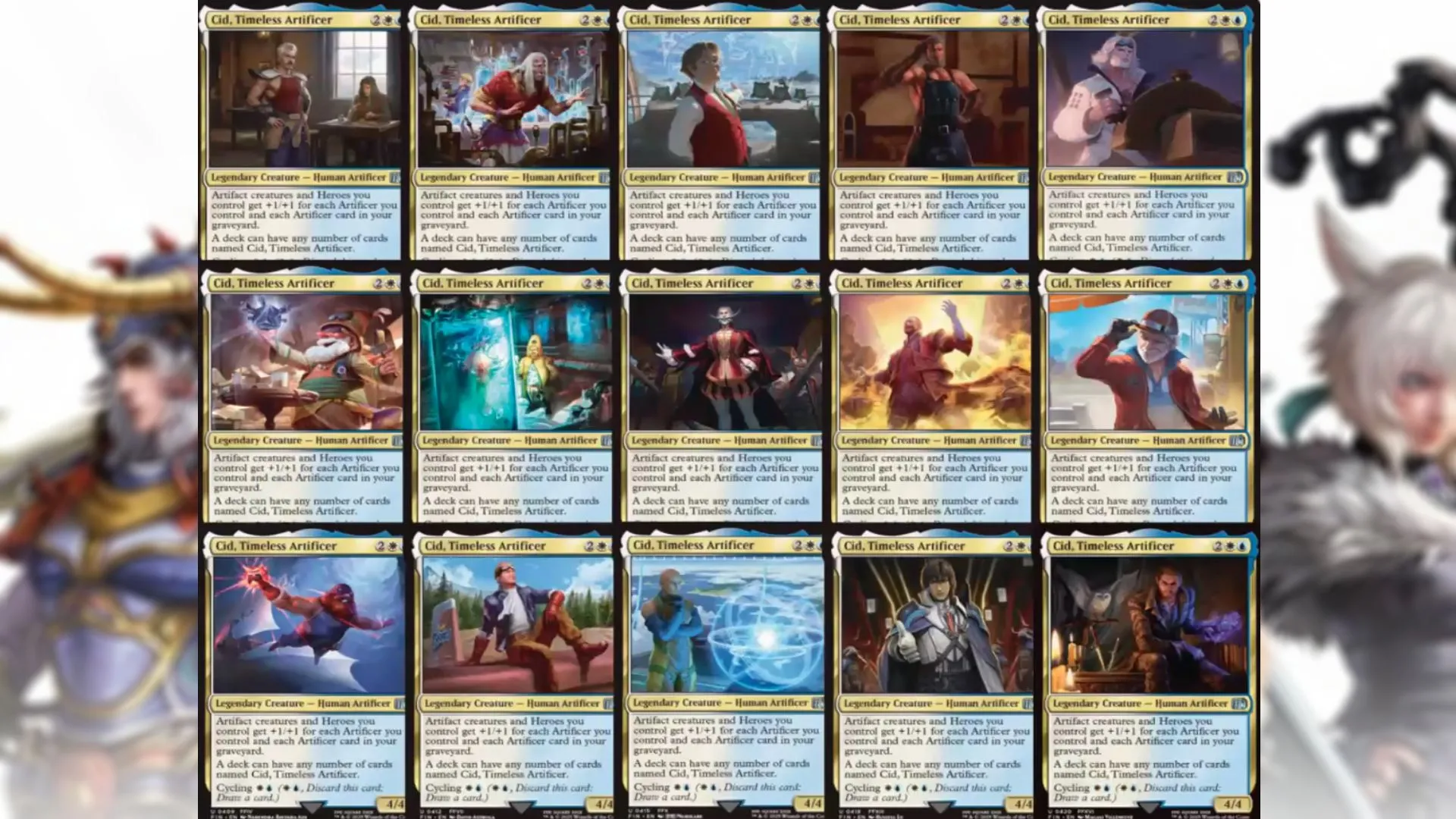 Hình ảnh minh họa các lá bài Magic: The Gathering của nhân vật Cid trong Final Fantasy, thể hiện nhiều phiên bản khác nhau của Cid