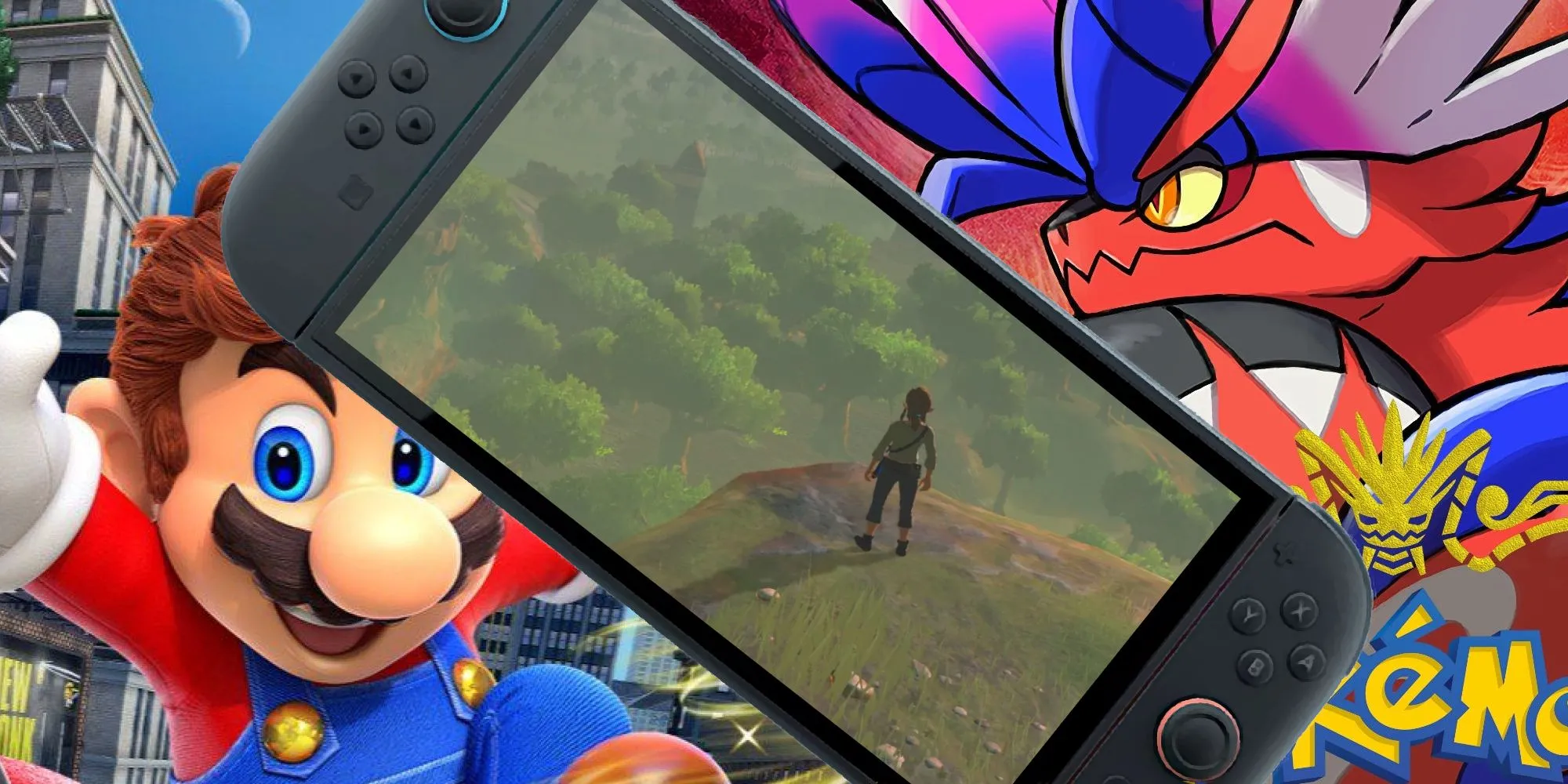 Hình ảnh minh họa các tựa game Nintendo Switch phổ biến như Mario Odyssey, Zelda Breath of the Wild, Pokemon Scarlet, có thể được nâng cấp trên Switch 2
