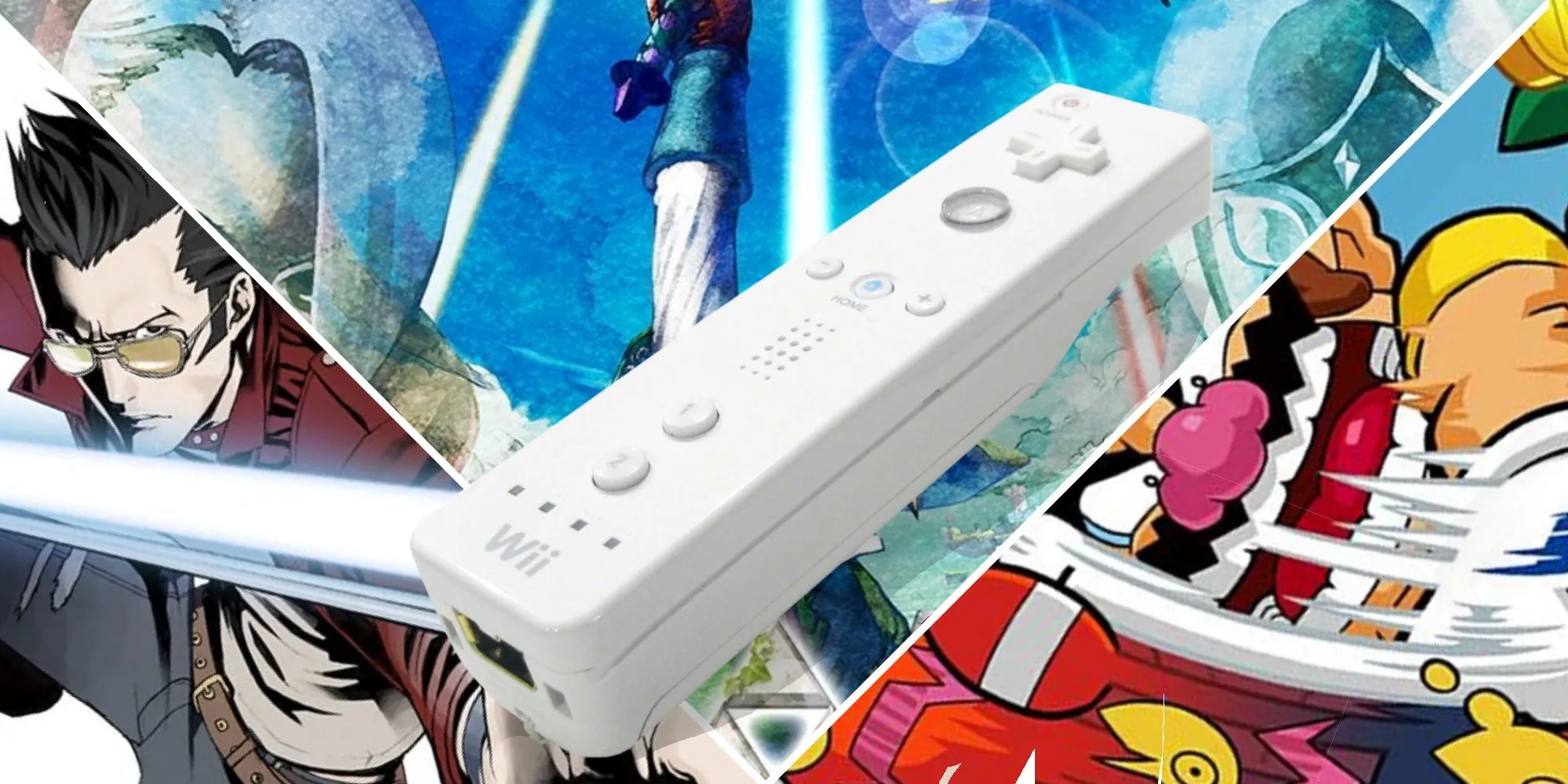 Hình ảnh minh họa các tựa game Wii như No More Heroes, Skyward Sword, Wario Land Shake It cùng bộ điều khiển Wiimote