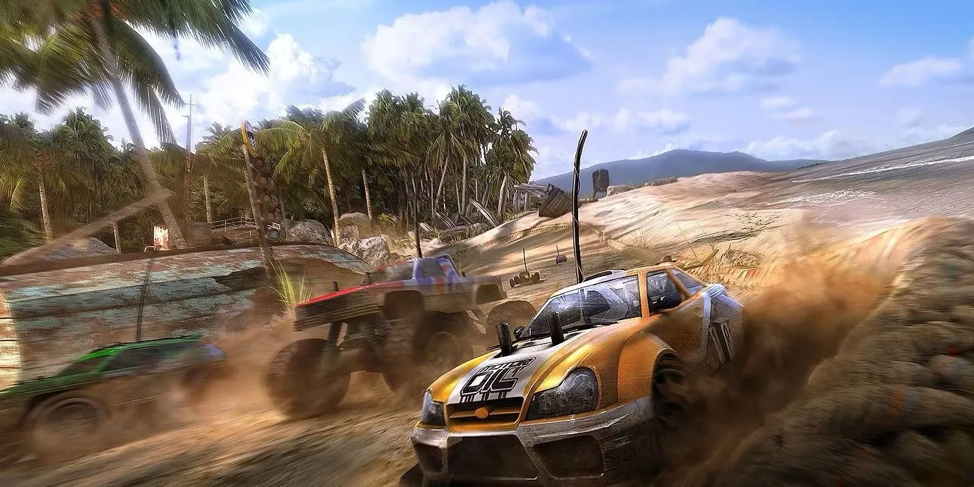 Hình ảnh một chiếc xe địa hình đang lao vun vút trên đường đua cát bụi trong game MotorStorm