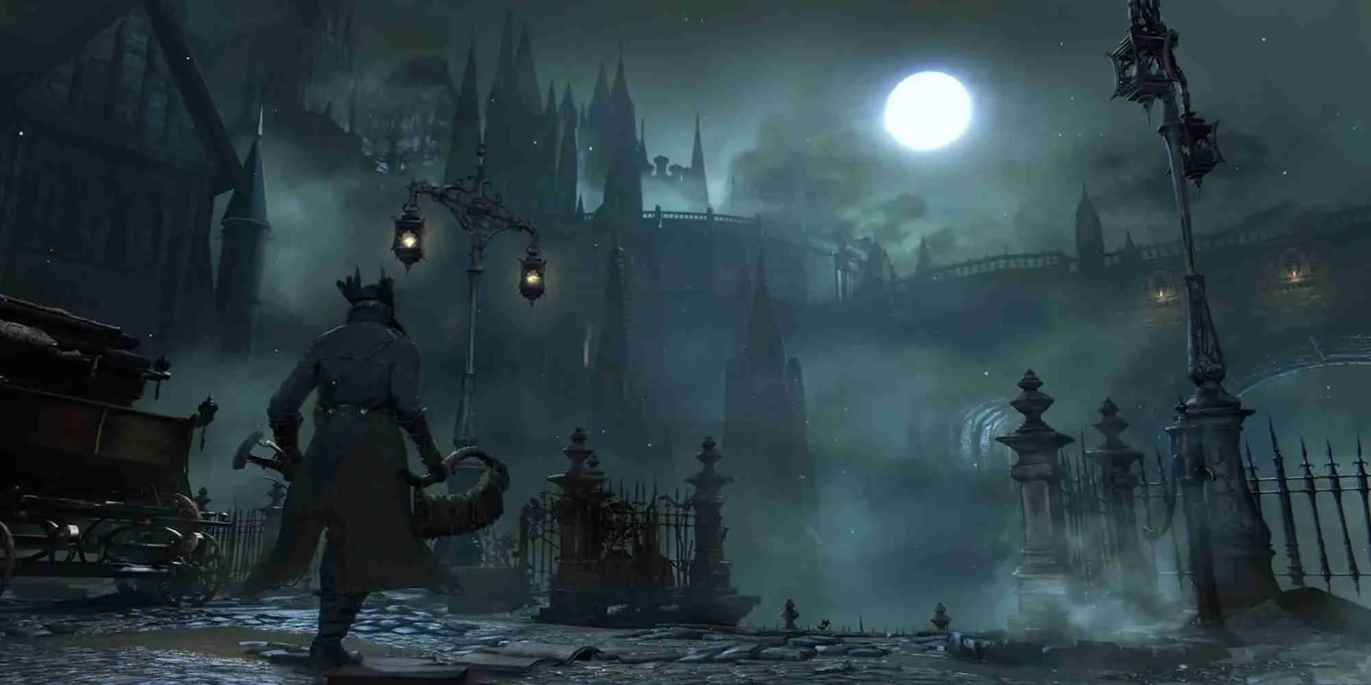 Hình ảnh phong cảnh u ám của Yharnam trong game Bloodborne, nơi những kết cục bi thảm chờ đợi các NPC.
